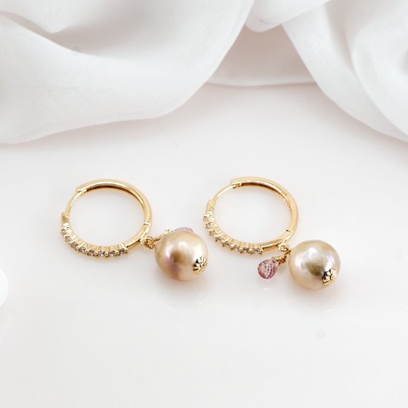 Baroque Pearl & Pink Topaz Hoop Earrings, 14K Gold Filled CZ Hoops - Picture 7 of 11